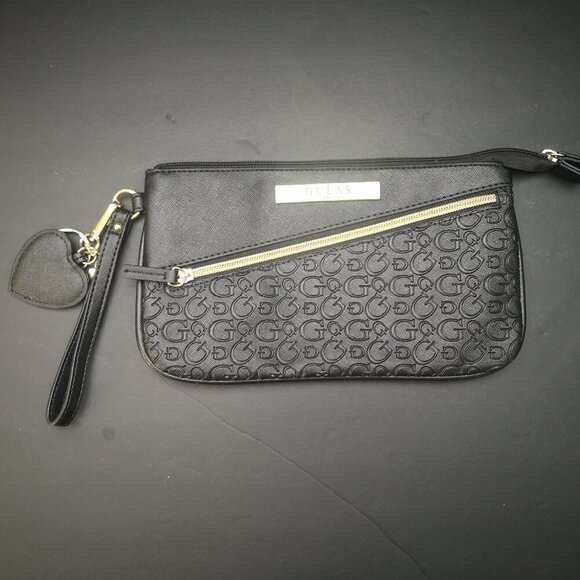 Guess Ladies Black Faux Leather Wristlet / Clutch with Gold Tone Accents - Picture 1 of 8